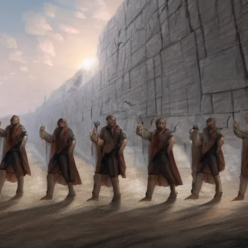 Prompt: Matte painting of a row of men in Biblical outfits marching in front of the walls of Jericho. People are standing on the walls looking down at them. sunrise, epic, cinematic lighting, detailed digital art trending in artstation