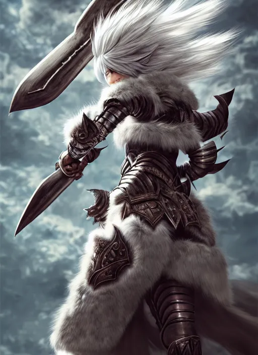 Image similar to warrior, fur - lined heavy armor!!! beautiful and athletic white hair female!! monster hunter!! character concept art, sharp focus, octane render! unreal engine 5! highly rendered!! trending on artstation!! detailed linework!! illustration by artgerm, wlop, and chie yoshii