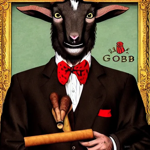 Prompt: award winning character art commission of an anthro furry humanoid goat smoking a cigar, three piece suit, in the style of norman rockwell,