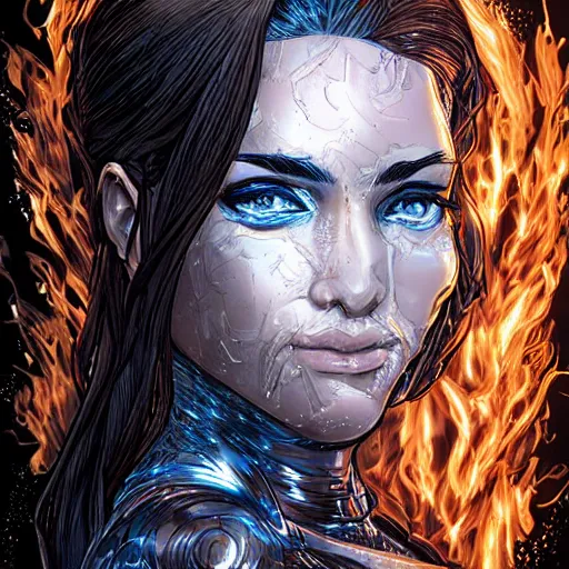 Prompt: woman portrait made out of ice and fire, beautiful, cyborg, comic book art, highly detailed