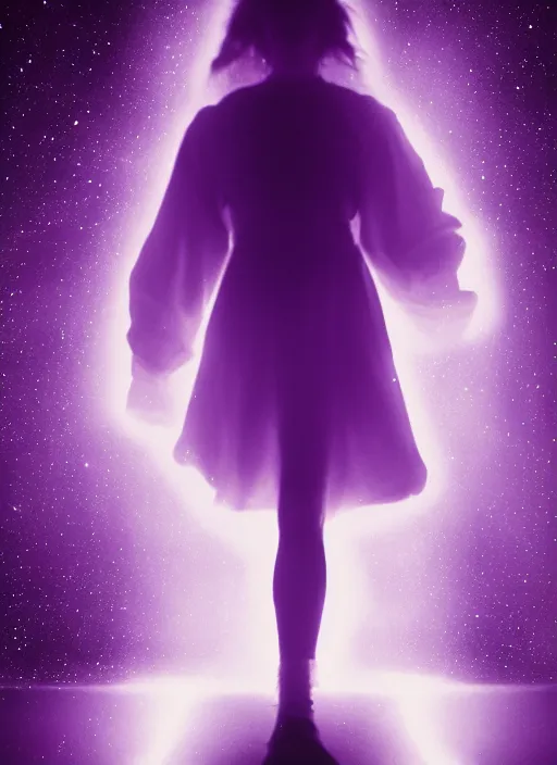 Image similar to a symmetrical female silhouette walking, astral projection, purple glowing aura, out of body experience, film grain, cinematic lighting, experimental film