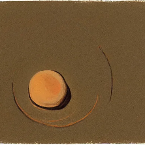 Image similar to painting of a single small seed sitting in a shallow hole in fresh earth. the painting is characterized by its use of light and shadow to create a sense of depth, its muted colors, and its focus on nature.