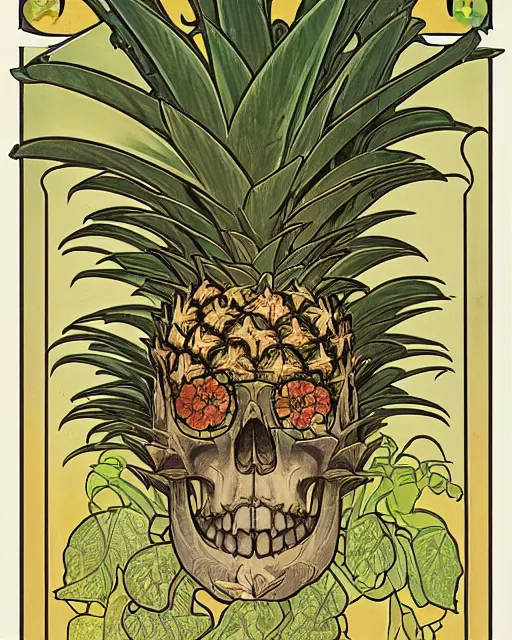 Prompt: Poster of an ancient silve skull with pineapple leaves growing out of the top art surrounded by varities of vines and flowers, cell shading, by Alphonse Mucha, Moebius, hiroshi yoshida, Art Nouveau, colorful, ultradetailed, vivid colour, 3d