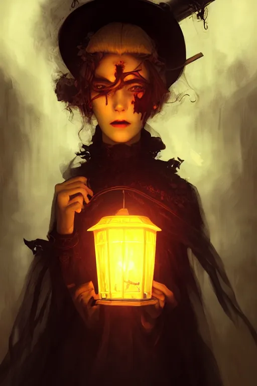 Image similar to portrait of a ghoulish victorian witch dark cheekbones holding a lantern, halloween night, charlie bowater, artgerm, ilya kuvshinov, krenz cushart, ruan jia, realism, ultra detailed, 8 k resolution