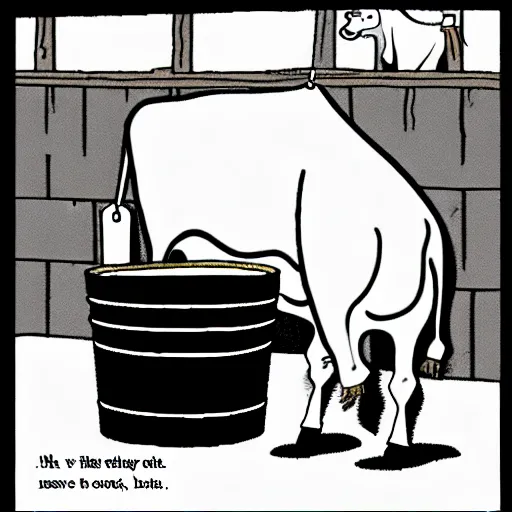 Image similar to a cow points at a bucket, illustrated by gary larson, far side comic, b & w