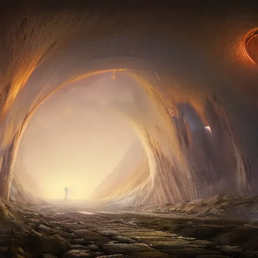 Image similar to a tunnel in the sky with a light at the end, a detailed matte painting by john martin, cgsociety, fantasy art, matte painting, volumetric lighting, terragen