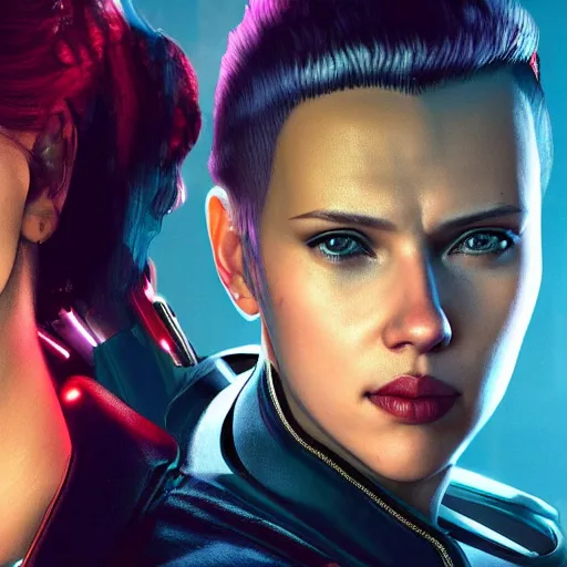 Image similar to scarlett johansson and winona rider in Cyberpunk 2077. CP2077. 3840 x 2160