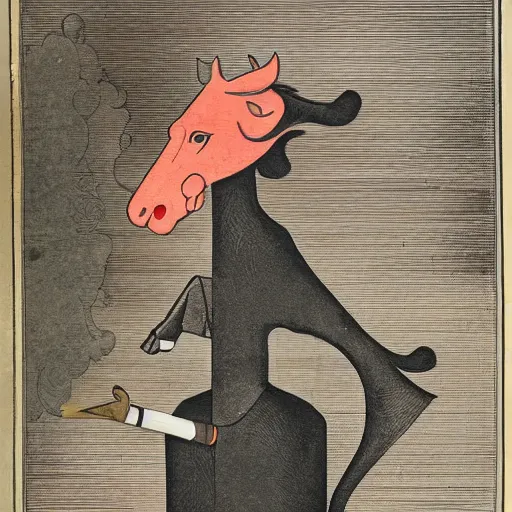 Image similar to an antropomorphic horse wearing a suit smoking a cigar