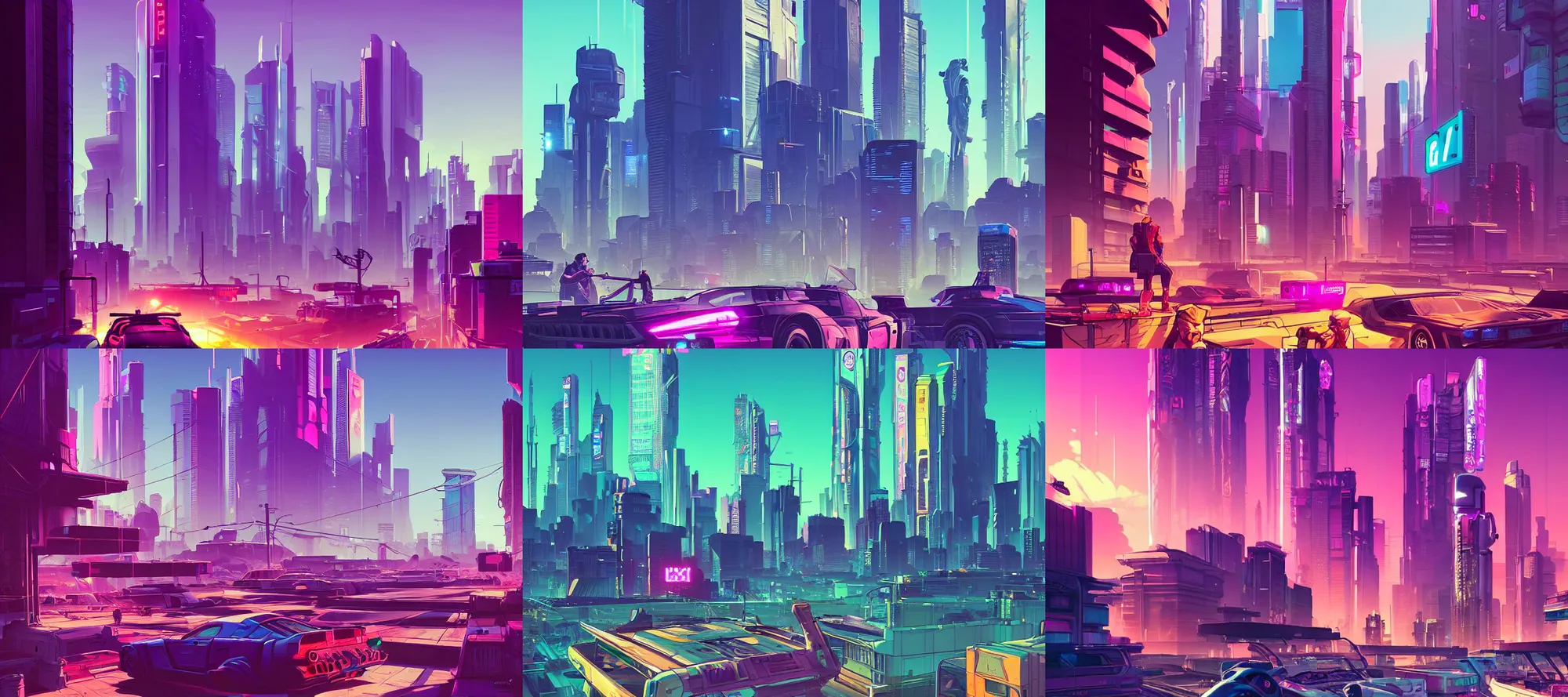 Prompt: cyberpunk city landscape, gta vice city cover art, borderlands style, celshading, trending on artstation, by rhads, andreas rocha, rossdraws, makoto shinkai, laurie greasley, lois van baarle, ilya kuvshinov and greg rutkowski