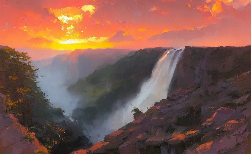 Image similar to waterfall sunset in heaven by atey ghailan and michael garmash