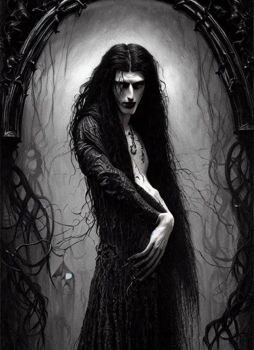 Image similar to highly detailed oil painting | very intricate | cinematic lighting | black, white and blood color scheme, dark background | portrait of a exquisite beautiful vampire man with long elegant tangles of black hair, eyes, gothic fog ambience, hyper realistic head, fantasy victorian art, in the style of greg rutkowski, zdizslaw beksinski, intricate, alphonse mucha