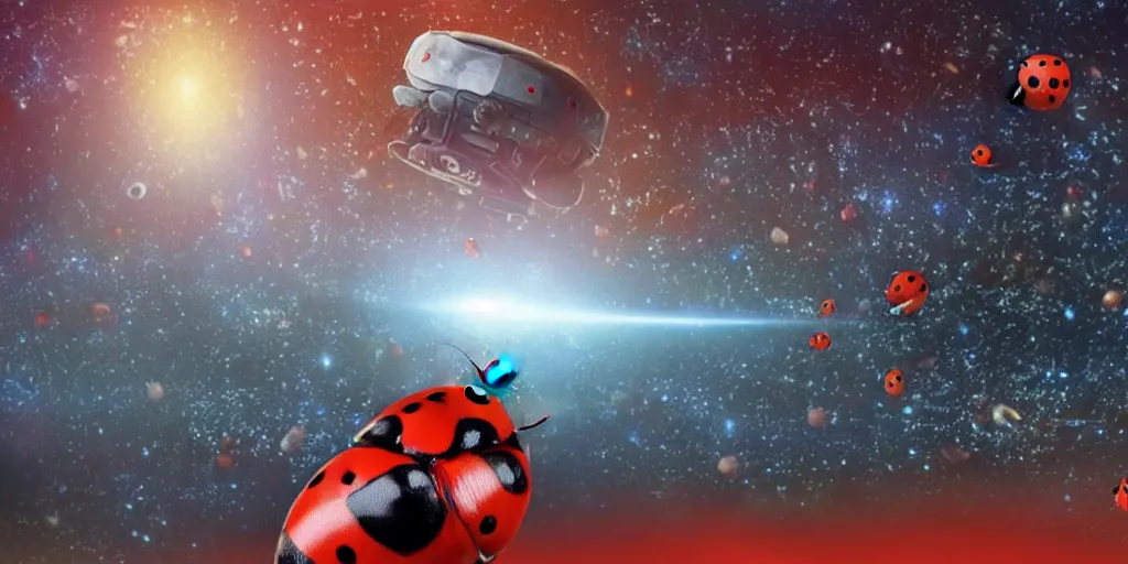 Image similar to a 3 d rendered movie still from a distance of 3 0 m of a ladybug 1 million years from now. the ladybug is sentient, wears tiny spacesuit, and travels the stars in a super trippy space ship. science fiction blockbuster movie ladybugs rule the world, imax 7 0 mm. bladerunner.