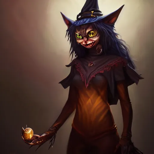 Image similar to Oil Painting of Cat Witch, Anthropomorphized, evil grin , magic the gathering artwork, horror, D&D, fantasy, cinematic lighting, centered, symmetrical, highly detailed, digital painting, artstation, concept art, smooth, sharp focus, illustration, volumetric lighting, epic Composition, 8k, art by Akihiko Yoshida and Greg Rutkowski and Craig Mullins, oil painting, cgsociety