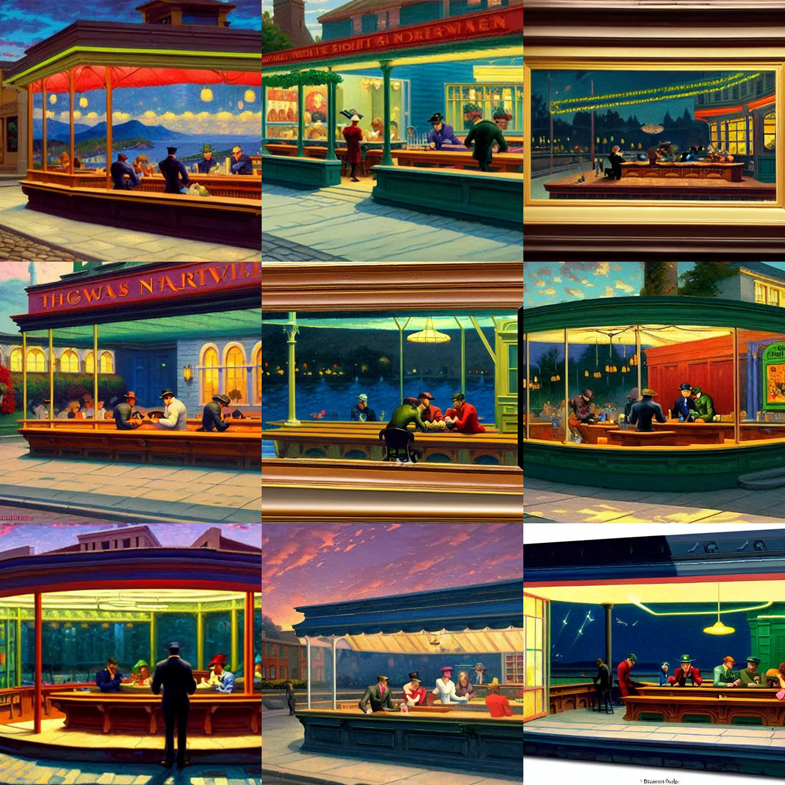 Prompt: nighthawks!!!! by thomas kinkade!!!! by edward hopper!!!!!!!!!!! by thomas kinkade