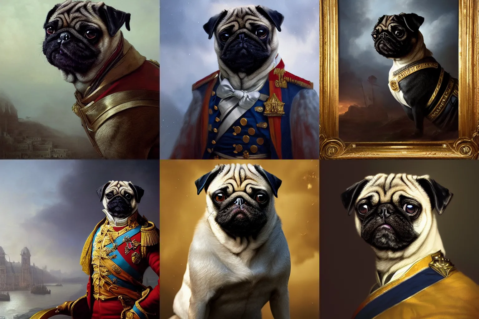 Prompt: Portrait of a Pug in the role of Emperor Napoleon, stunning screensaver, screensaver, head slightly tilted, natural light, elegant, complex, fantasy, atmospheric lighting, cinematic, matte painting, Greg Rutkowski