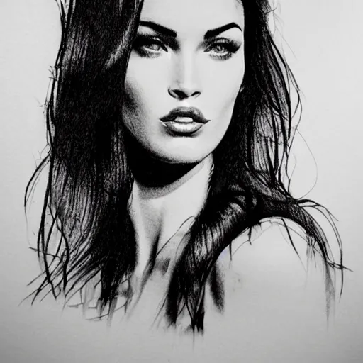 Prompt: realism tattoo sketch of double exposure megan fox, on beautiful mountain scenery faded background, in the style of andrey lukovnikov