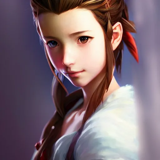 Image similar to portrait of aerith from final fantasy by Stanley Artgerm Lau, WLOP, Rossdraws, James Jean, Andrei Riabovitchev, Marc Simonetti, and Sakimichan, trending on artstation