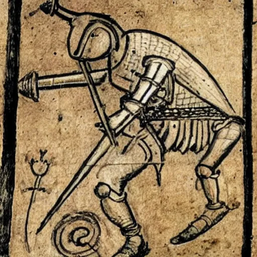 Prompt: medieval drawing of a Knight in battle with a snail
