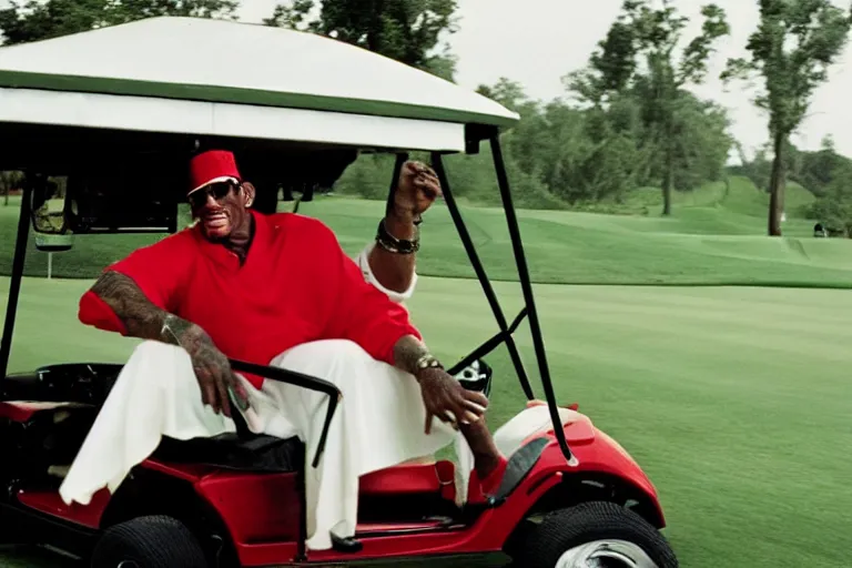 Prompt: dennis rodman in a dress driving a golf cart, movie still, from the new caddyshack movie, dancing gopher from caddyshack, 8 k, hd, cinematic lighting