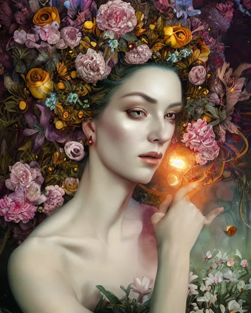 Image similar to portrait of the queen of the underworld, surrounded by flowers by karol bak, james jean, tom bagshaw, rococo, trending on artstation, cinematic lighting, hyper realism, octane render, 8 k, hyper detailed.