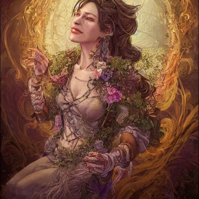 Image similar to the portrait of chaotic good female druid alchemist as absurdly beautiful, gorgeous, elegant, mature happy woman, an ultrafine hyperdetailed illustration by kim jung gi, irakli nadar, intricate linework, sharp focus, bright colors, octopath traveler, final fantasy, unreal engine 5 highly rendered, global illumination, radiant light, detailed and intricate environment