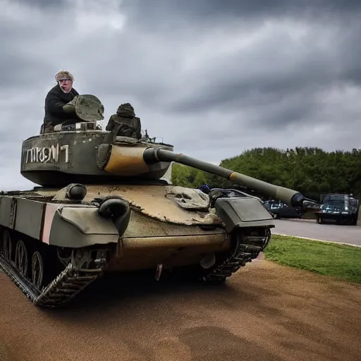 Image similar to Medium shot photograph of Boris Johnson inside a tiger tank, 4k, ultra HD