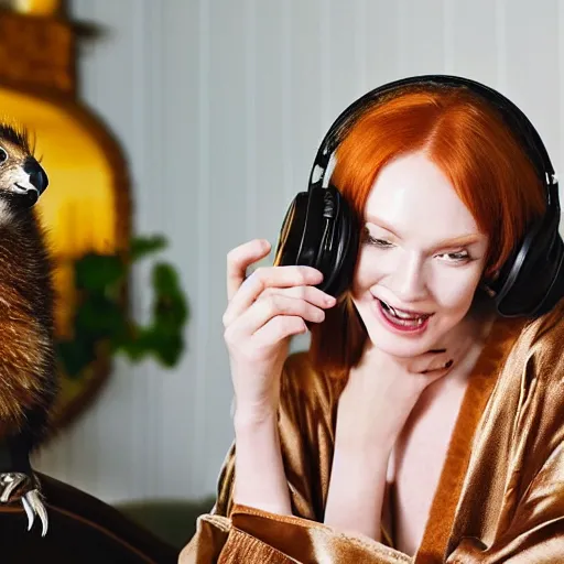 Image similar to a stunning hyper-detailed closeup portrait photo of a slender beautiful smiling woman with long ginger hair and bangs, wearing a luxurious silk robe, wearing headphones and posing with her large ginger tabby cat and her raccoon and parrots in an overstuffed easy chair in her sunlit victorian living room, holding a porcelain parrot-shaped coffee mug and a donut, perfect eyes, fashion photography, octane render, unreal engine, 85 mm lens,