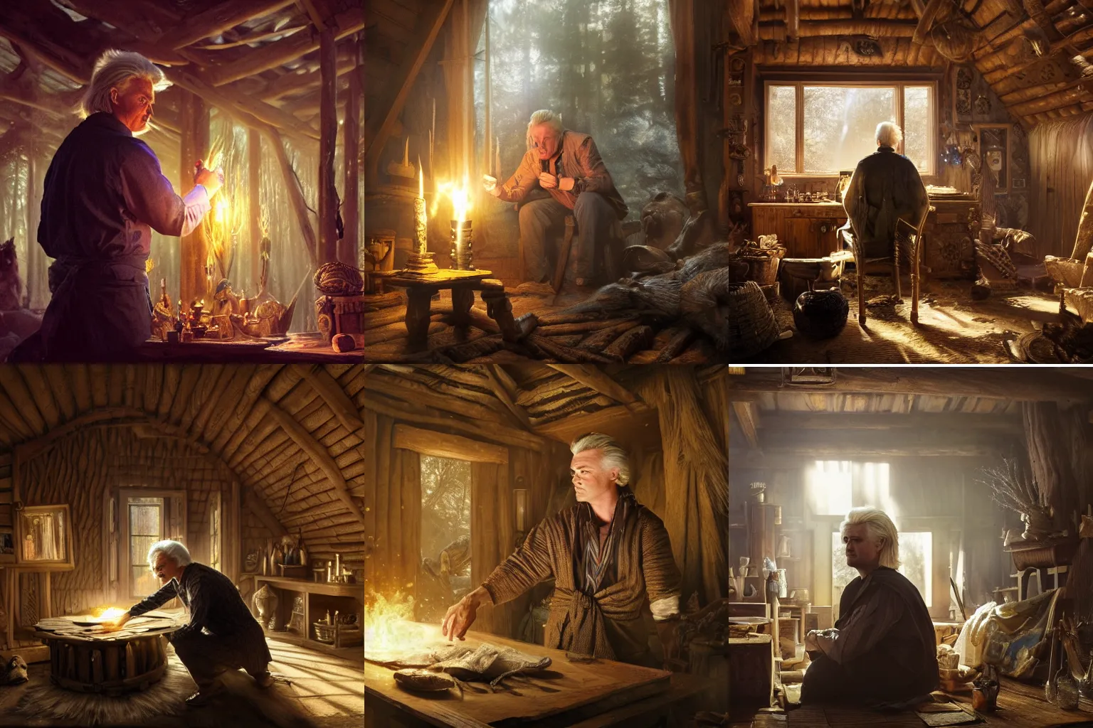 Prompt: geert wilders casting powerful magical spells inside his wooden hut, volumetric lighting, 8 k octane beautifully detailed render, post - processing, extremely hyper - detailed, intricate, epic composition, cinematic lighting, masterpiece, trending on artstation, detailed detailed detailed, masterpiece, stunning art by anders zorn, wonderful masterpiece by greg rutkowski, beautiful cinematic light,