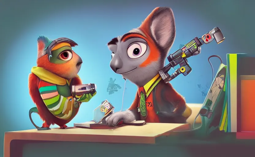 Image similar to “ one cute parrot with very big eyes, wearing a bandana and chain, holding a laser gun, standing on a desk, digital art, award winning, in the style of the movie zootopia ”