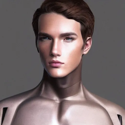 Image similar to “a realistic detailed photo of a guy who is an attractive humanoid who is half robot and half humanoid, who is a male android, twitch streamer and youtuber Ludwig Ahgren, shiny skin, posing like a statue, blank stare”