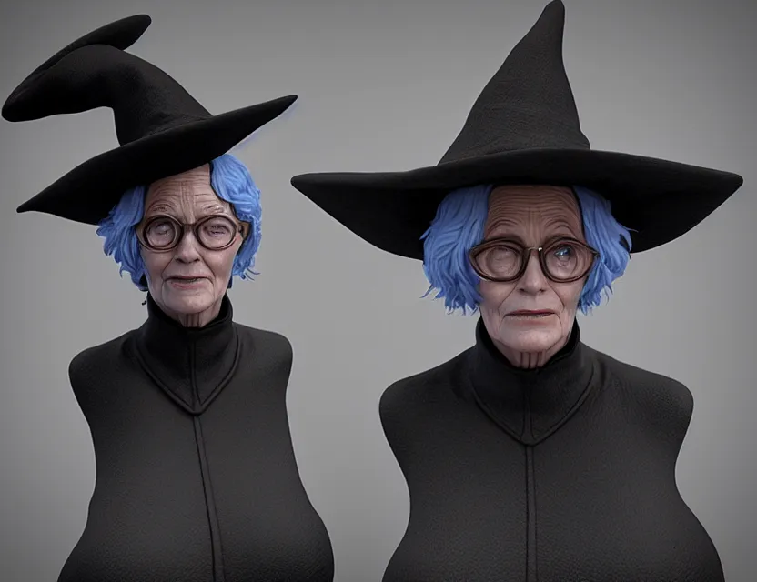 Image similar to cinematic bust portrait of robo face granny cyborg body, witch's hat on head, by jean giraud, trending artstaition, 3 d, unreal engine