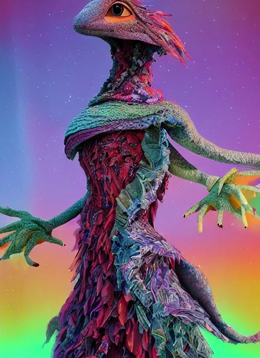 Prompt: hyper detailed 3d render like a Oil painting - very coherent Aurora (a beautiful girl skeksis muppet fae princess protective playful expressive acrobatic from dark crystal that looks like Anya Taylor-Joy) seen red carpet photoshoot in UVIVF posing in scaly dress to Eat of the Strangling network of yellowcake aerochrome and milky Fruit and His delicate Hands hold of gossamer polyp blossoms bring iridescent fungal flowers whose spores black the foolish stars by Jacek Yerka, Ilya Kuvshinov, Mariusz Lewandowski, Houdini algorithmic generative render, golen ratio, Abstract brush strokes, Masterpiece, Victor Nizovtsev and James Gilleard, Zdzislaw Beksinski, Mark Ryden, Wolfgang Lettl, hints of Yayoi Kasuma and Dr. Seuss, Grant Wood, octane render, 8k