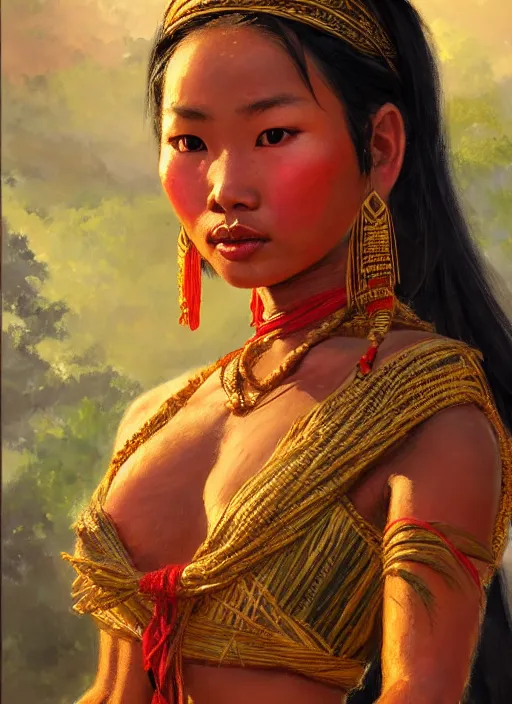 Prompt: portrait of a beautiful female mon ethnic burma, closeup portrait, historical, ethnic group, traditional costume, elegant, loin cloth, highly detailed, oil painting, artstation, concept art, matte, sharp focus, illustration, hearthstone, art by earl norem