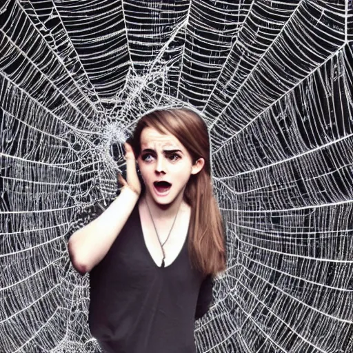 Image similar to afraid emma watson stuck and trapped in a giant spider web