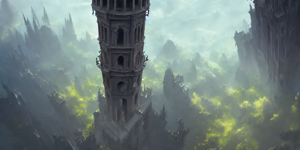 Prompt: gothic bell tower, view from above. in style of greg rutkowski, jesper ejsing, makoto shinkai, trending on artstation, fantasy, great composition, concept art, highly detailed, scenery, 8 k, behance.