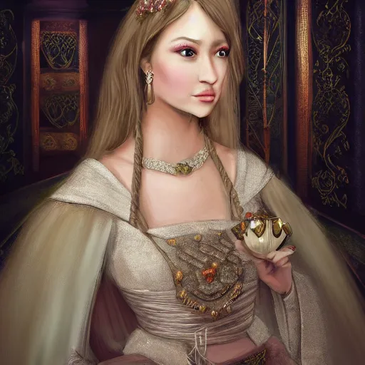 Image similar to Princess at a royal banquet, elegant dress, intricate, matte, digital painting, 8K, warm lighting, large staircase, royalty, high detail, medieval-fantasy, concept art, cinematic, beautiful face, high detailed facial features,