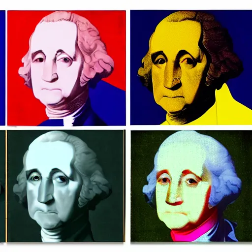 Image similar to george washington's portrait in the style of cubism and andy warhol, pop art, 4 panel, high definition, realistic surrealism