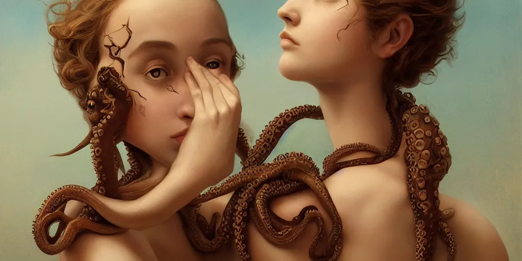 Image similar to An incredible detailed portrait of a young woman and an octopus, in the style of pre-Raphaelite, by Goro Fujita, Tom Bagshaw, trending on Artstation, 8k, masterpiece, fine detail, full of color, intricate detail