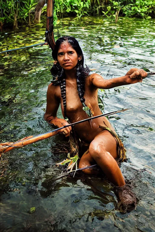 Image similar to a professional portrait photo of a sri lankan jungle woman, submerged in water, black hair, hunter, with bow and arrow, extremely high fidelity, natural lighting