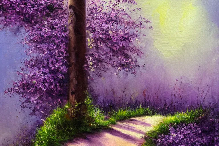 Prompt: vintage iron lamp post in lush spring forest. Cinematic, small purple flowers, hiking trail. detailed oil painting