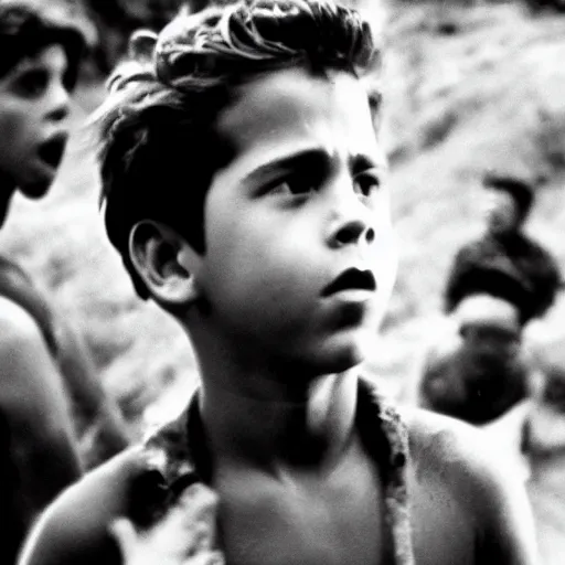 Image similar to jake t. austin plays ralph in lord of the flies ( 1 9 6 3 ), 3 5 mm black and white, highly detailed, cinematic lighting