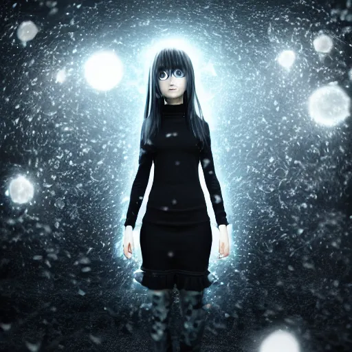 Image similar to photorealistic full body shot of masterpiece angry darkness anime girl, beautifull lovely eyes, stop with your ugly eyes!! electric aura with particles, snowing frozen ice, darkness background, inspired by tim burton, detailed, unreal engine 4 k, volumetric light, fog