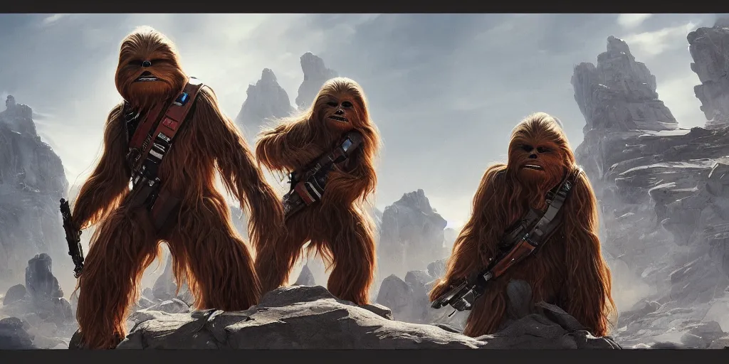 Prompt: chewbacca has a rock band, Moebius, Greg Rutkowski, Zabrocki, Karlkka, Jayison Devadas, Phuoc Quan, trending on Artstation, 8K, ultra wide angle, zenith view, pincushion lens effect