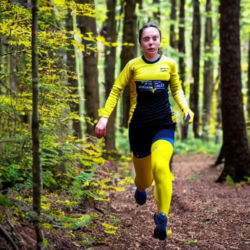 Image similar to a beutiful female orienteer wearing a yellow long - sleeved shirt and black tights runs in the forest, photo, sigma 5 5.