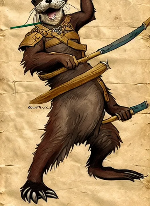 Prompt: a heroic otter scout with spear on a parchment background, redwall, greg rutowski and jean baptiste monge, detailed, epic fantasy concept art