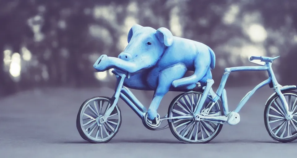 Image similar to a blue pig riding a bicycle, atmospheric lighting, 4 k, realistic