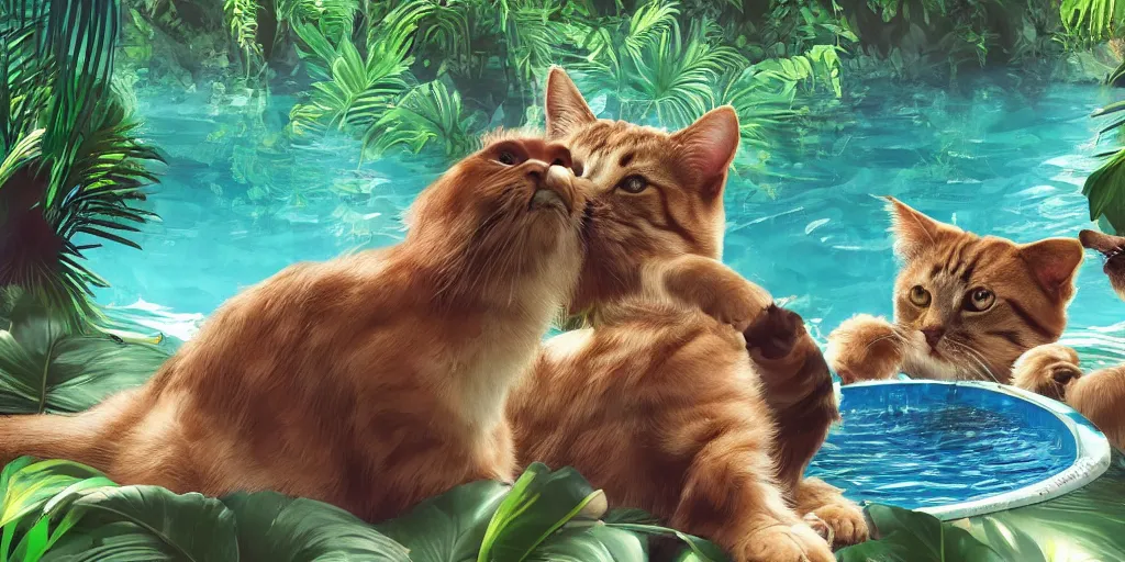 Prompt: cat and dog taking selfie in a swimming pool in the middle of the jungle, highly detailed, digital painting, artstation, concept art