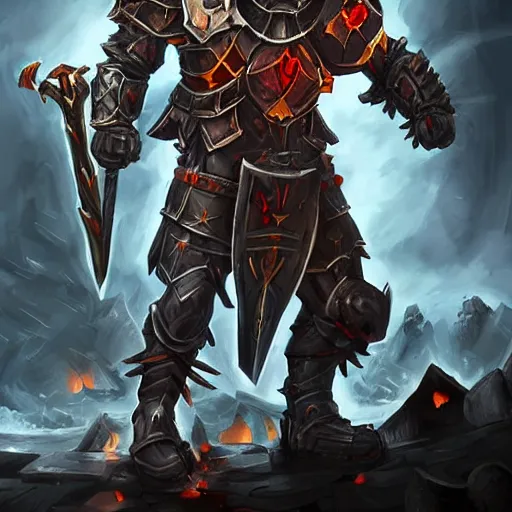 Image similar to Ares with heavy armor and sword, dark sword in Ares's hand, war theme, bloodbath battlefield, fiery battle coloring, hearthstone art style, epic fantasy style art, fantasy epic digital art, epic fantasy card game art