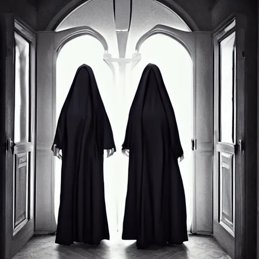 Image similar to award winning photo,two Hovering twin nuns, wearing pointed hoods, buxom chested, blindfolded, wearing translucent veils, see through dress, Very long arms, bedroom, wood door, eerie, frightening, highly detailed, photorealistic, colorized —width 1024 —height 1024