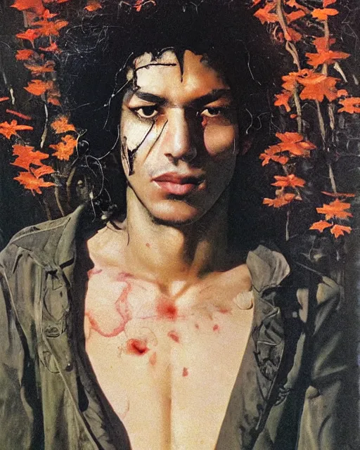 Image similar to a beautiful but sinister ethnically ambiguous young man in layers of fear, with haunted eyes and wild hair, 1 9 7 0 s, seventies, woodland, a little blood, wildflowers, moonlight showing injuries, delicate embellishments, painterly, offset printing technique, by brom, robert henri, walter popp